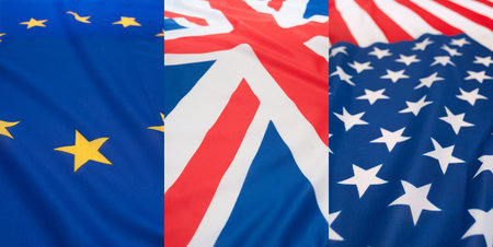 Detail of Silky National Flags of United States of America, Great Britain and European Union