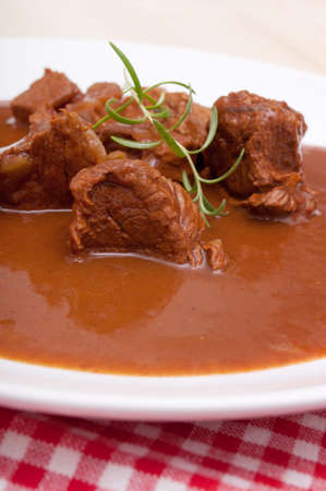 Closeup of Traditional Venison Goulash on White Plateの写真素材