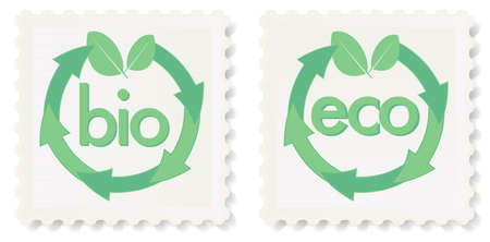 Green Eco and Bio Icons - Postage Stamps on White Backgroundのイラスト素材