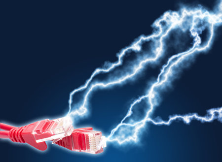 High speed internet - Red Cables With Lightning on Dark Blue Background