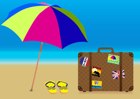 Summer Holiday on the Beach - Parasol, Flip Flops and Suitcase on Empty Beachのイラスト素材