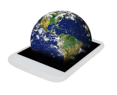 Mobile Phone With Planet Earth on Display - Isolated on White  Source image of Earth courtesy of NASA - terms of use  http   visibleearth nasa gov useterms phpの写真素材