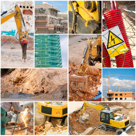Construction Collage - Digger, Elevator, House Construction, Demolition, Welderの写真素材
