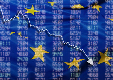 Crisis in Europe - Shares Fall Graph on European Union Flagの写真素材