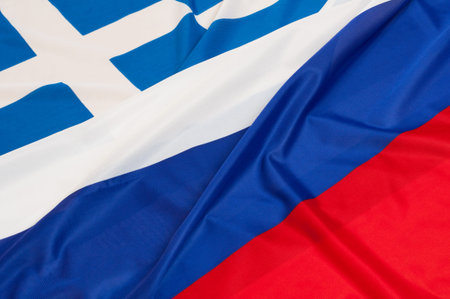 Close up of flags of Russia and Greeceの写真素材