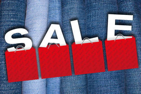 Sale Sign - Illustration of Red Shopping Bags With Letters on the Blue Jeans Backgroundの写真素材