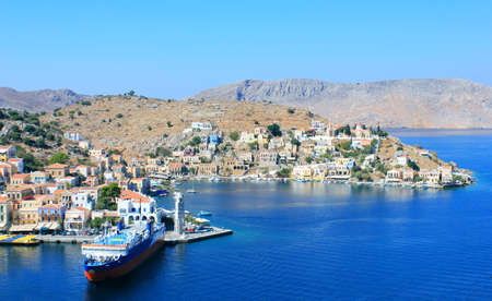 Ship on the Pier Symi Island Greece Sea Viewの写真素材