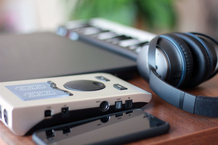 This is a picture of small and mobile mini music production studio that perfect for traveling and...