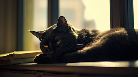 The cat fell asleep on the book lying on the windowsill.の素材