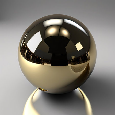 A shiny polished metal ball rests on a flat surface. The interior is reflected on the surface of the ball.の素材