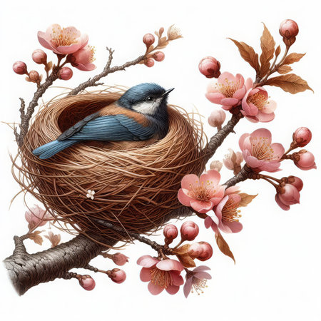 Bird in the nest with sakura flowers. Watercolor illustration.の素材