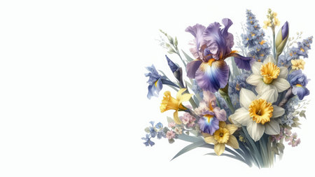 Elegant bouquet of irises and daffodils in watercolor on a white background. Spring Festival.の素材