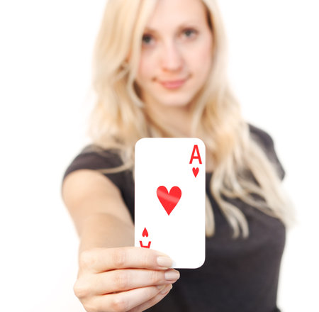Cute young woman holding the like card