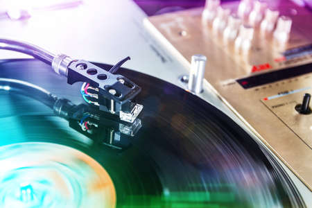 a blurry background with turntable and light effectsの写真素材