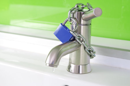 a waterdrop is dripping out of a modern faucet, locked by a blue lock and chain