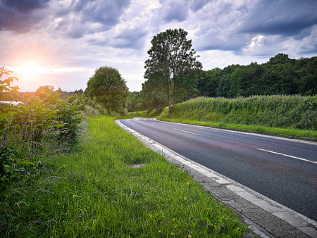 country road at sunset, cloudy backlite shot  peferct for car copy spaceの写真素材