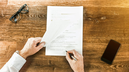 Businessman sitting at shiny office wood desk signing a contract - top view from above to desktop