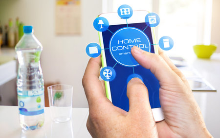 Using smart home app on phone. Smart home, remote control concept.
