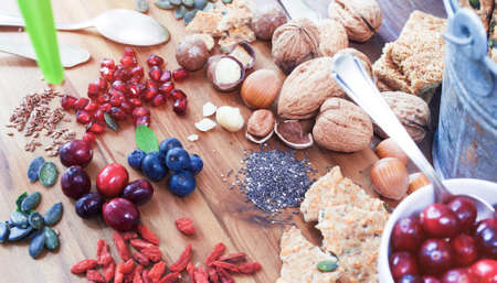 Superfood: variation of superfoods on wooden backgroundの写真素材