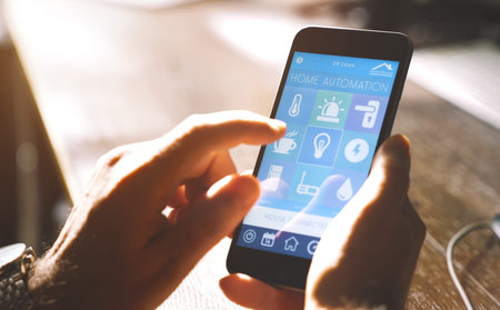 smart house device smartphone with app iconsの写真素材