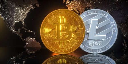 Cryptocurrency - Bit coin BTC and Litecoin LTC the new virtual money on dark backgroundの写真素材