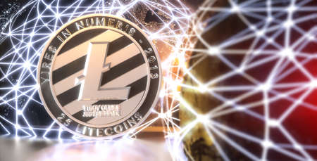 Litecoin - lite coin LTC  cryptocurrency on dark backgroundの写真素材