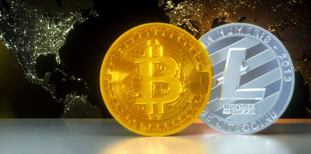 Cryptocurrency - Bit coin BTC and Litecoin LTC the new virtual money on dark backgroundの写真素材
