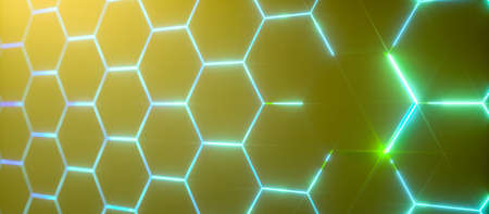 Abstract futuristic surface hexagon pattern with light rays - copy space data context, 3D Renderingの写真素材