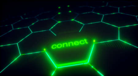 Abstract blue of futuristic surface hexagon pattern with light rays - connect data button context,  3D Renderingの写真素材