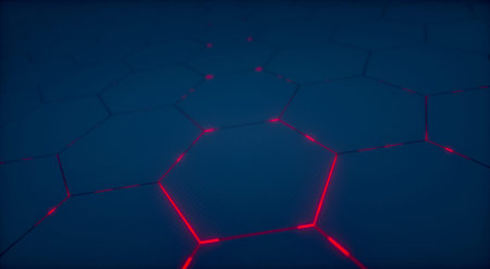 Abstract futuristic surface hexagon pattern with light rays - copy space data context, 3D Rendering