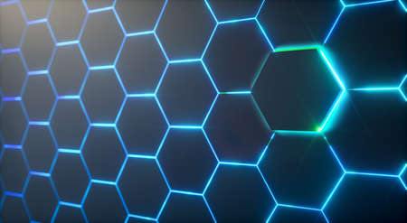 Abstract futuristic surface hexagon pattern with light rays - copy space data context, 3D Renderingの写真素材