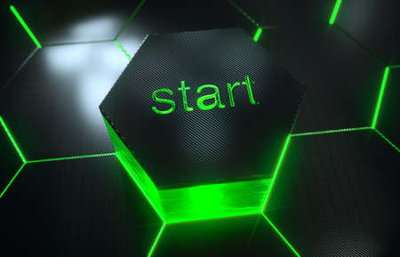 Abstract futuristic surface hexagon pattern with light rays - start up button, 3D renderingの写真素材
