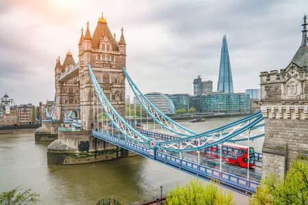 The London Tower Bridge at sunrise on a rain summer dayの写真素材