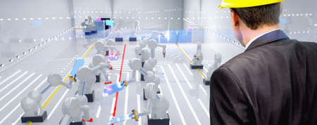 Smart automation industry robot in action welding solar panels while engineer is watching from above - industry 4.0 concept - 3D Renderingの写真素材