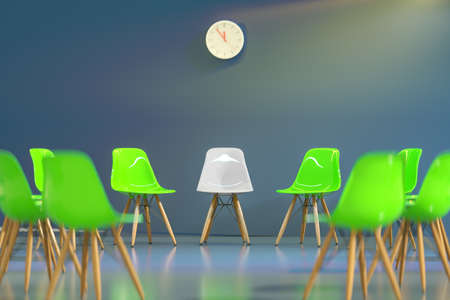 circle of modern design chairs with one odd one out. Job opportunity. Business leadership. recruitment concept. 3D renderingの写真素材