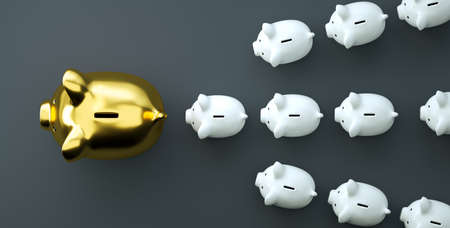 Golden piggy bank as row leader for the right direction of wealth, investment and development conceptの写真素材