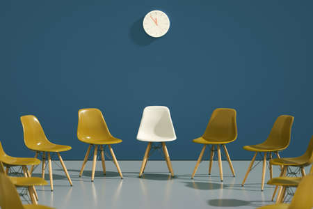 circle of modern design chairs with one odd one out. Job opportunity. Business leadership. recruitment concept. 3D renderingの写真素材