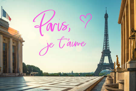 paris street with view on the famous paris eiffel tower on a sunny day with some sunshineの写真素材