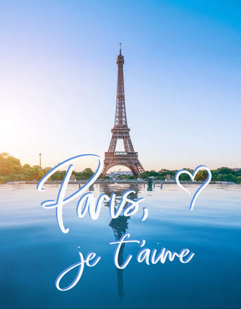 the famous paris eiffel tower on a sunny day with some morning sunshine reflects in blue waterの写真素材