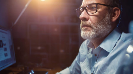 Businessman with glasses working focused in office at night, authentic wide angle shot