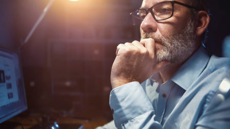 Businessman with glasses working focused in office at night, authentic wide angle shot