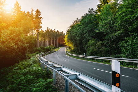 Long Curvy Forest Road In Alpine Mountains の写真素材