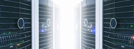 Server units in cloud service data center showing flickering light indicators for massive data...