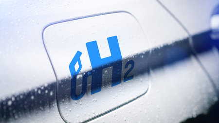 Aachen / Germany - January 31 2020: hydrogen logo on gas stations fuel dispenser. h2 combustion...