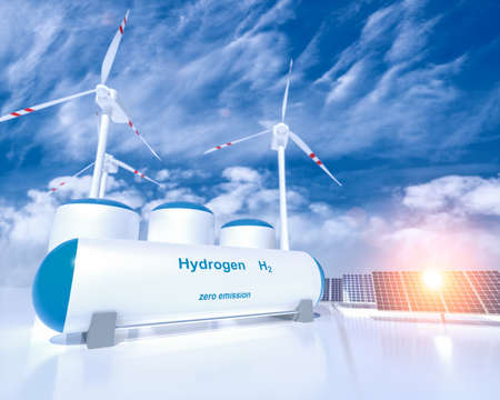 Hydrogen renewable energy production - hydrogen gas for clean electricity solar and windturbine facility. 3d rendering.の素材 [FY310150398988]