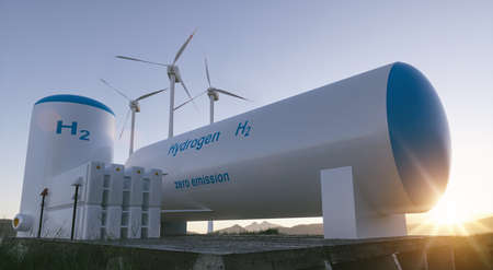 Hydrogen renewable energy production - hydrogen gas for clean electricity solar and wind turbine facility. 3d rendering.の写真素材