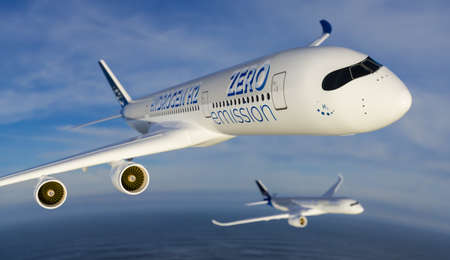 Hydrogen filled H2 Airplane flying in the sky - future H2 energy concept. 3d renderingの写真素材