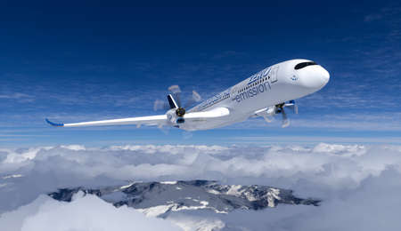 Hydrogen filled H2 Airplane flying in the sky - future H2 energy concept. 3d renderingの写真素材