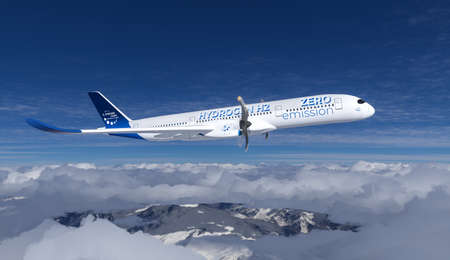 Hydrogen filled H2 Airplane flying in the sky - future H2 energy concept. 3d renderingの写真素材