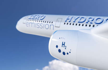 Hydrogen filled H2 Airplane flying in the sky - future H2 energy concept. 3d renderingの写真素材